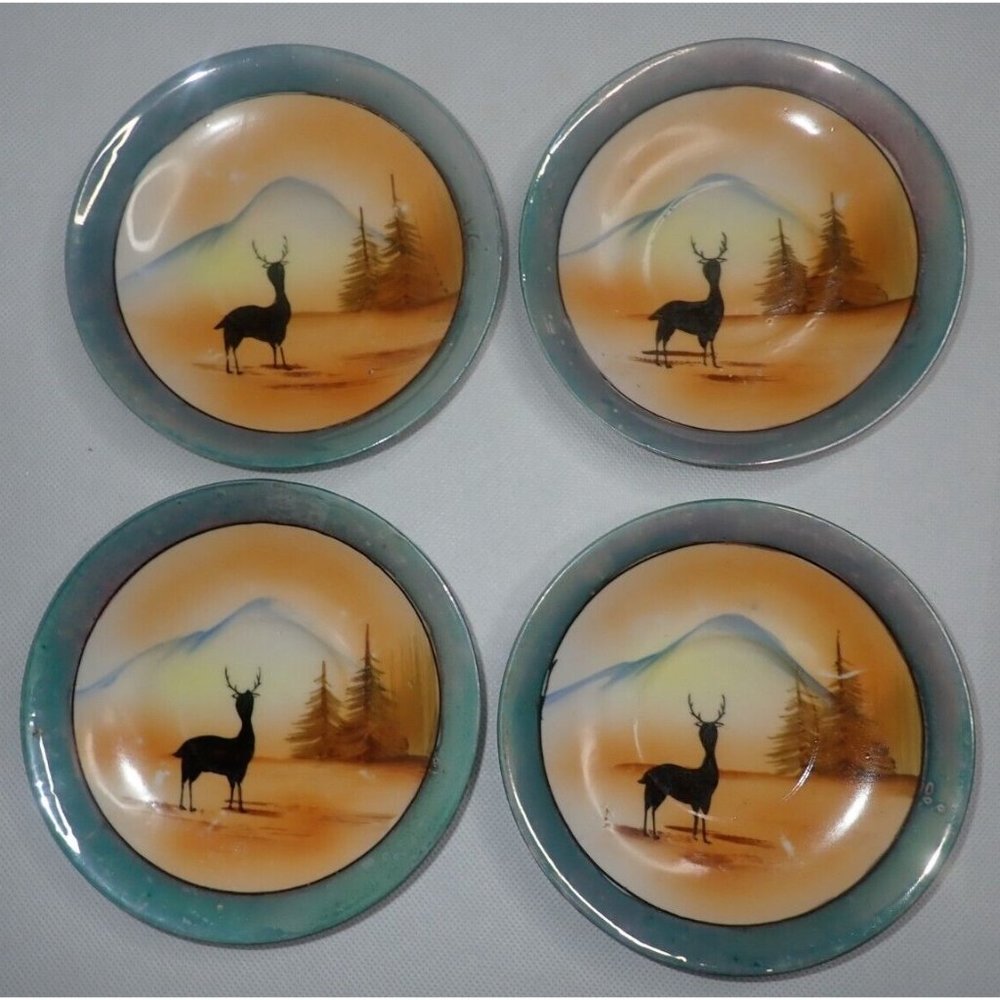 Art Deco lusterware Saucer plate deer silhouette Lot of 4‎ Vintage Hand Painted